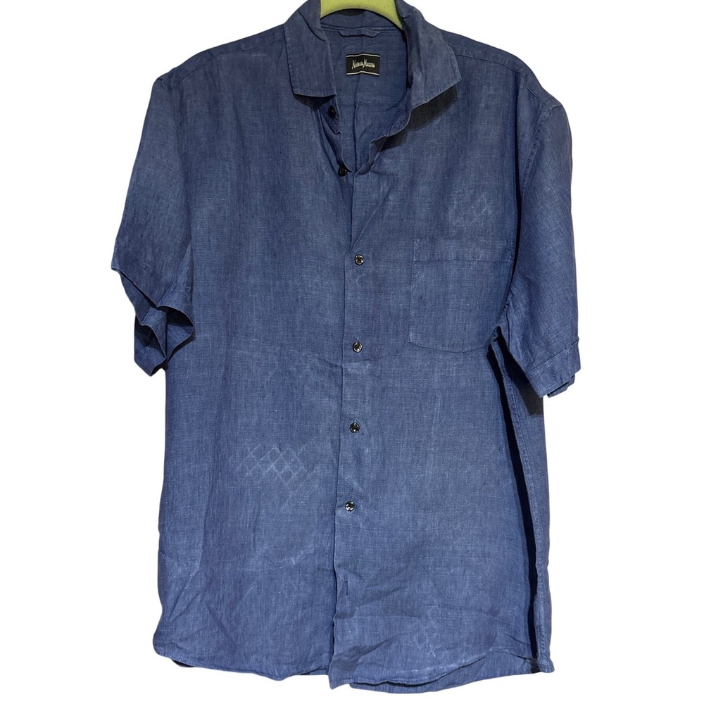 Neiman Marcus Linen Button Down Mens XL Blue Short Sleeve Casual  Shirt